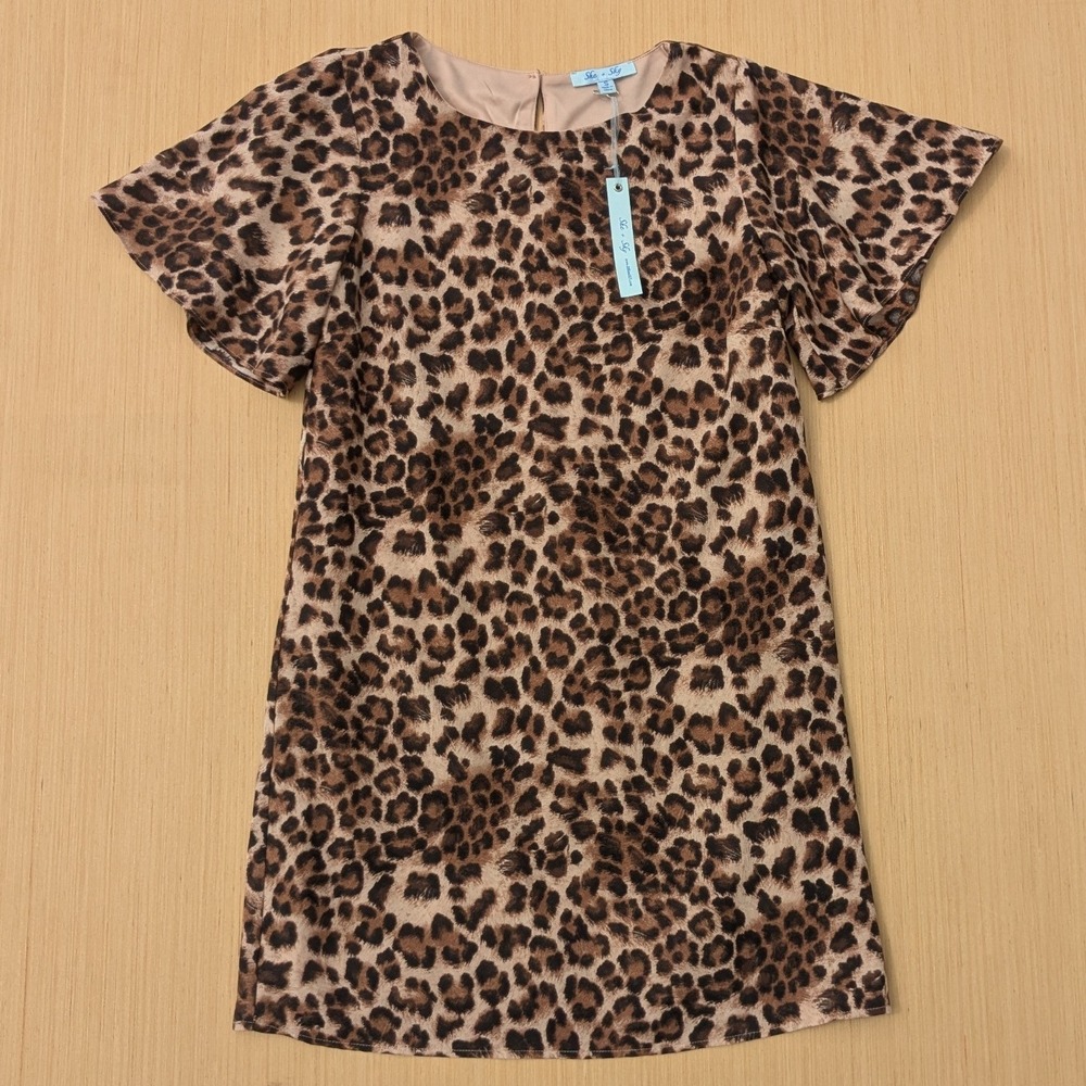 NWT She+Sky Animal Leopard Print Butterfly Sleeve Lined Mini Dress Women's Small